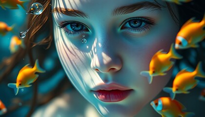 A close-up of a girl underwater with goldfish swimming around her.