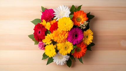 Fototapeta premium Top view of a colorful spring flower bouquet arranged in a perfect circle on a light wooden table, with vibrant blooms radiating joy and celebration, High-resolution Photography, Natural lighting