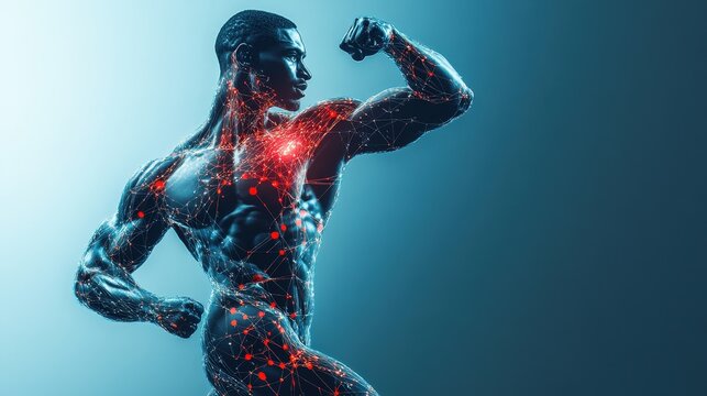 Sport training and fitness program digital visualization with athlete figure on plain background