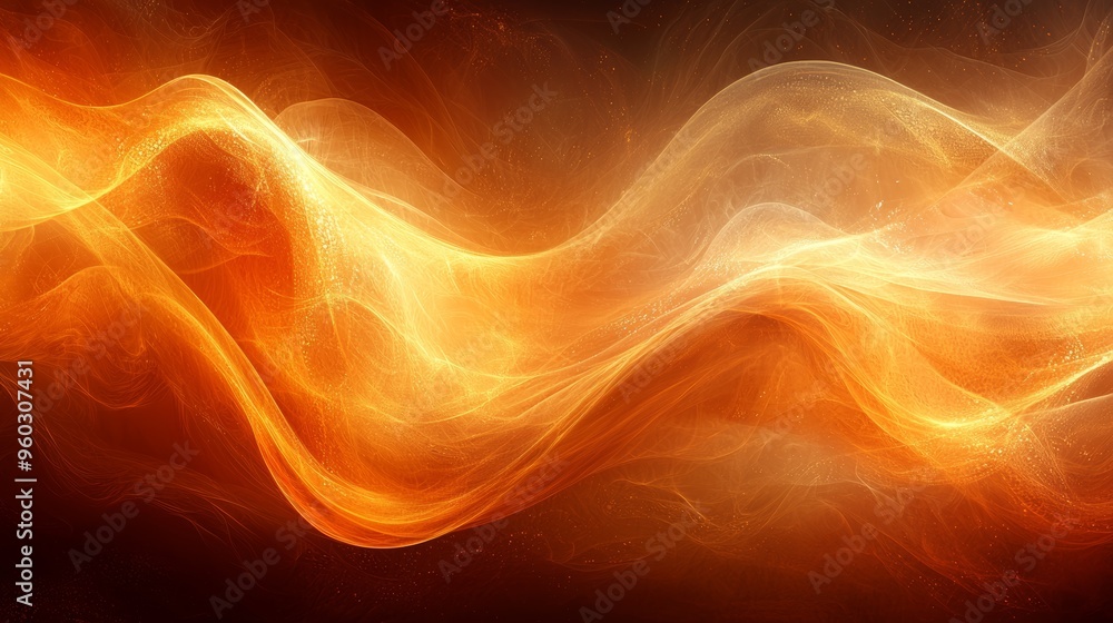Poster vibrant orange and gold waves of abstract light creating a mesmerizing flow in a warm, dynamic backg