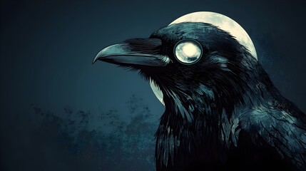 Fototapeta premium Raven's Eye Reflecting the Full Moon on a Midnight Blue Background