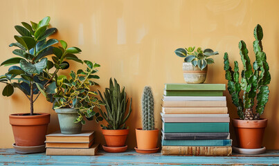 Assorted Indoor Plants and Books on Rustic Wooden Shelf Against Beige Background, Unique Home Decor for Book Lovers and Plant Enthusiasts
