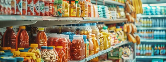 Bottled beverages neatly arranged on supermarket shelves