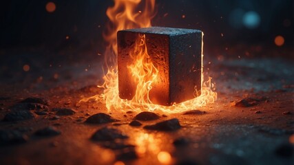 A close up of a cube alongside fire coming out of it.