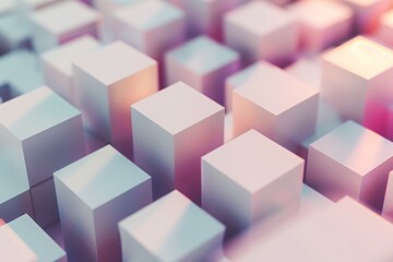 Obraz premium Random shifted white cube boxes block background wallpaper banner with copy space, minimalistic, smartphone camera, wide-angle, dusk, grid, digital, surrealism, soft artificial light