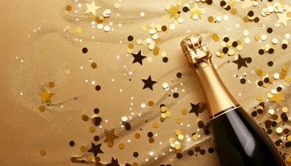Sparkling Celebration: Champagne and Confetti Stars on a Golden Festive Background