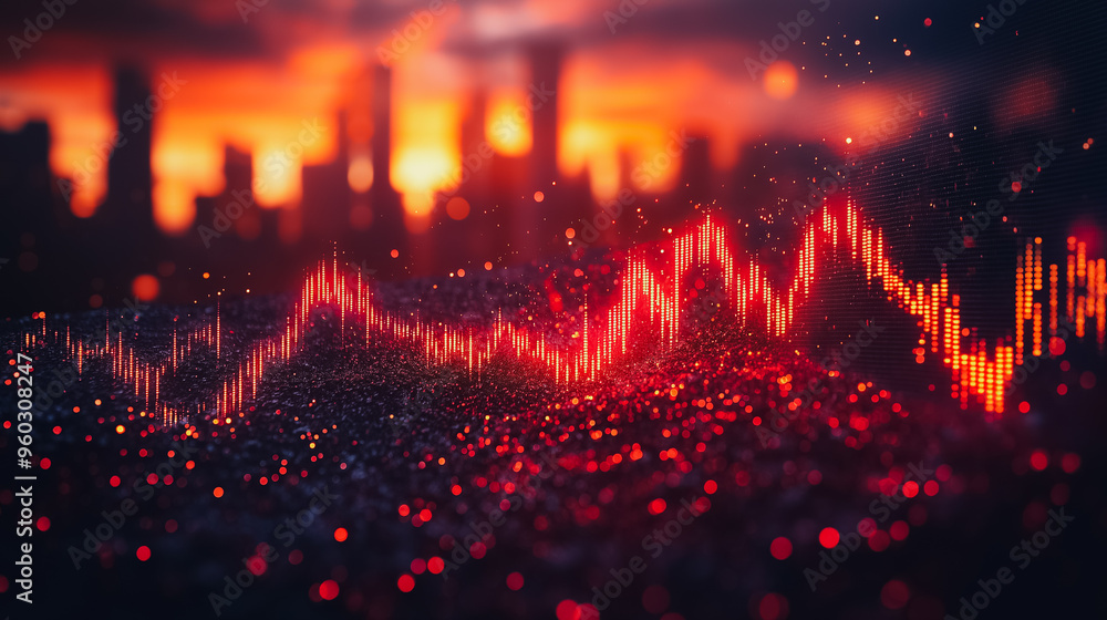 Aufkleber a city skyline is shown in the background with a red line that is rising. the red line is a graph th