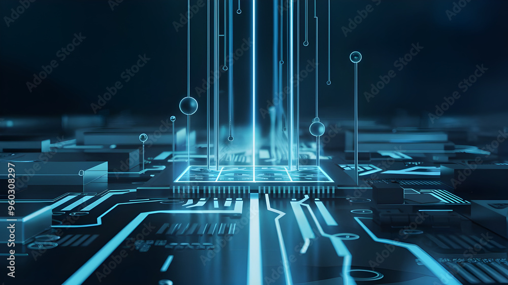Fototapete futuristic circuit board with central processor. a captivating image of a complex circuit board, sho