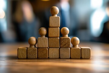 Wooden Blocks to Success: A pyramid of wooden blocks with figures signifies career progression and leadership in a business setting. 