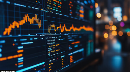 Obraz premium A computer screen shows a graph of stock prices. The numbers are in orange and the graph is very busy