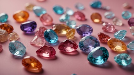 Sparkling pastel gemstones of various shapes on a pink background.