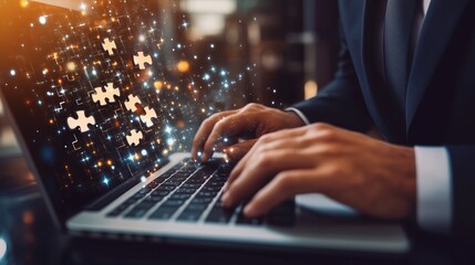 Cheerful businessman solves issues with his laptop