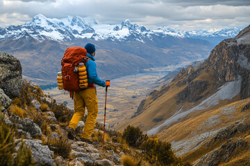 Fototapeta premium A backpacker with an outdoor blue and red hiking bag on their back stands at the top of a mountain, surrounded by rocky terrain and high mountains in the background. 