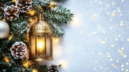 Christmas holiday background with glowing lantern. Merry Christmas and Happy New Year festive colorful composition. Xmas banner and holiday poster