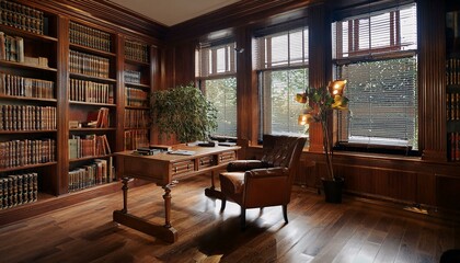 Cozy Home Library with Wooden Desk, Bookshelves, and Armchair