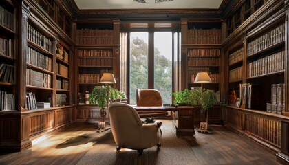 Cozy Home Library with Wooden Desk, Bookshelves, and Armchair