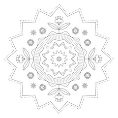 Flower mandala in black outline for coloring. Symmetrical line drawing featuring geometric botanical elements and stars.
