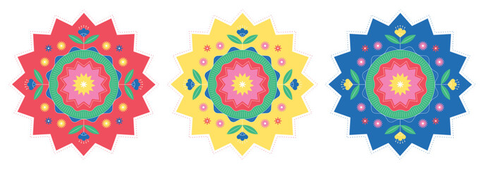 Flower mandalas with geometric botanical elements arranged symmetrically, in primary colors (yellow, green, blue, red). Colorful and decorative radial design.