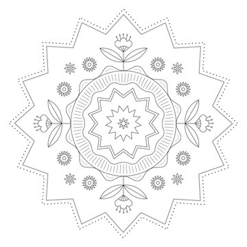 Flower mandala in black outline for coloring. Symmetrical line drawing featuring geometric botanical elements and stars.