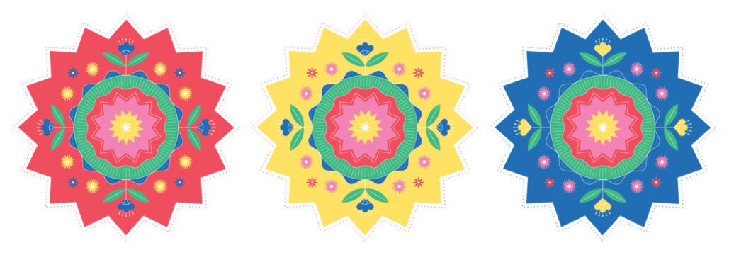 Flower mandalas with geometric botanical elements arranged symmetrically, in primary colors (yellow, green, blue, red). Colorful and decorative radial design.