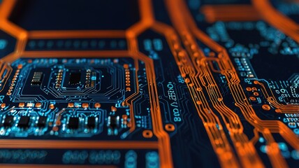 Orange, blue technology background/Orange and blue technology background circuit board and code