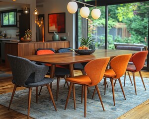 Stylish Mid-Century Modern Dining Room with Wooden Table, Colorful Chairs, and Retro Decor
