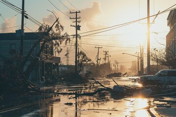 Urban Aftermath of Natural Disaster &ndash; Uprooted Trees and Damaged Power Lines at Sunrise