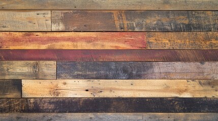 Naklejka premium Rustic reclaimed wood background with varying plank sizes, creating a unique, textured pattern in earth tones