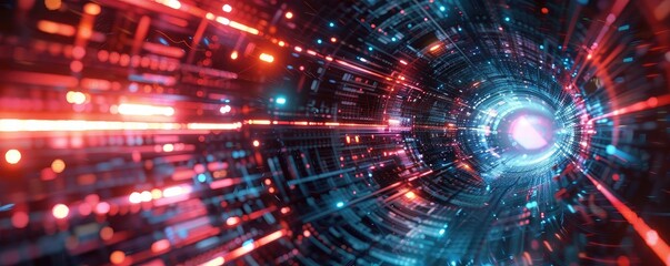Obraz premium A vibrant digital tunnel filled with glowing lights, representing advanced technology and futuristic concepts.