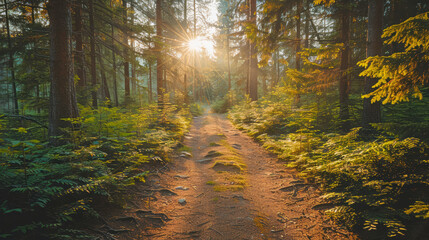 Fototapeta premium Scenic view of a forest trail with sunlight streaming through the trees, golden hour light.
