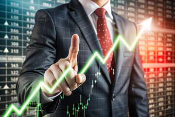 A businessman touching a glowing upward trend line on a holographic graph, emphasizing positive market performance or economic growth