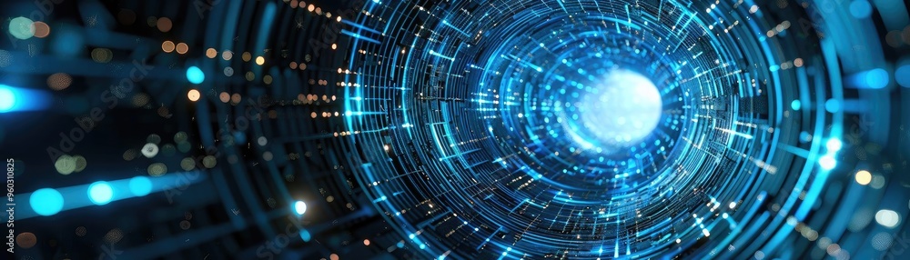 Poster futuristic tunnel with blue light particles. an abstract representation of technology and digital sp