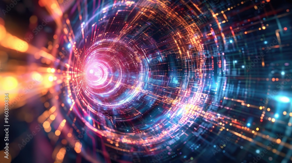 Poster a mesmerizing abstract representation of light and energy swirling in a circular pattern, evoking a 