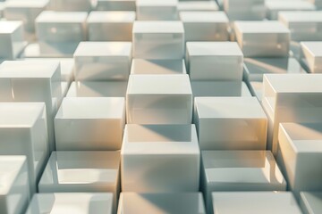 Obraz premium Random shifted white cube boxes block background wallpaper banner with copy space, minimalistic, pinhole camera, macro, golden hour, grid, instant, hyperrealism, warm sunlight