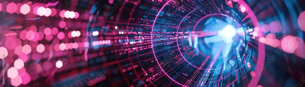 Poster vibrant abstract tunnel with glowing lights and swirling patterns in pink and blue hues, creating a 