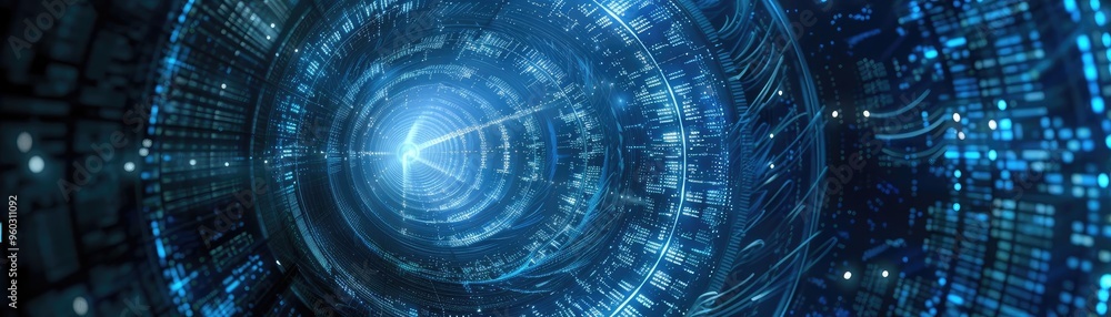 Poster futuristic digital tunnel with bright light and abstract patterns. ideal for technology and sci-fi t