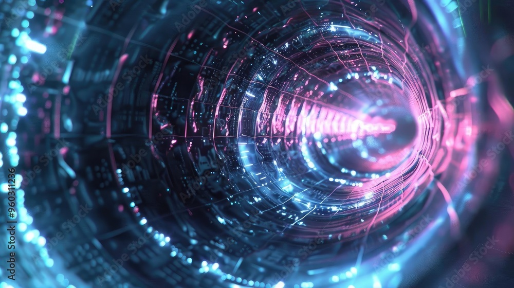 Poster a mesmerizing digital tunnel glowing with vibrant colors, creating a sense of depth and futuristic e