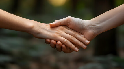 Two hands shaking in a natural setting, symbolizing agreement.