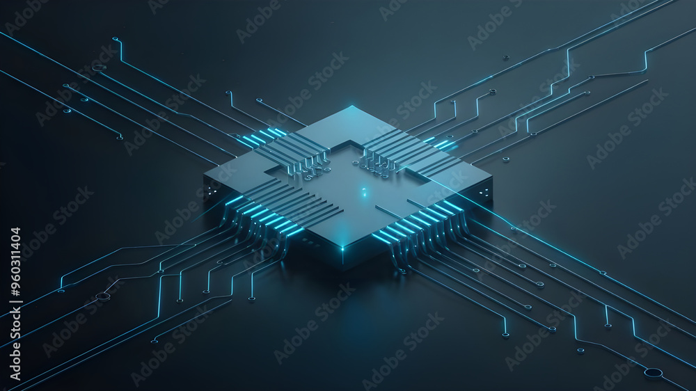 Poster futuristic circuit board with central processor. a captivating image of a complex circuit board, sho