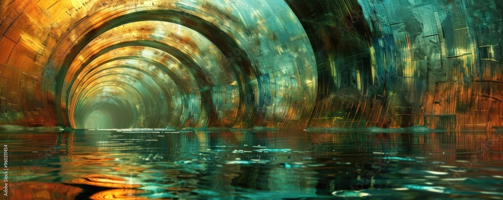 Poster a surreal waterway with colorful arches reflecting in the serene water, creating an otherworldly atm