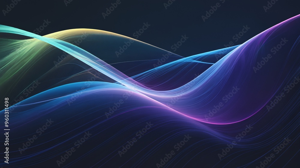 Poster abstract flowing waves: a mesmerizing interplay of vibrant, ethereal lines dance across a dark canva