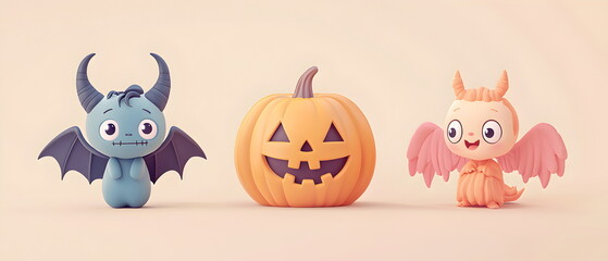 Obraz premium A vector set of 3 Halloween characters in 3d clay design, including a Devil, Jack-o'-lantern with the silly face, and an cute Angel, adorable and festive, isolated on a clean pastel color background