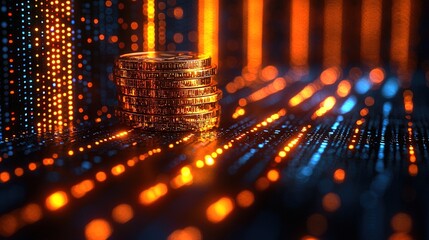 A 3D digital coin stack surrounded by flowing data streams, symbolizing digital wealth management