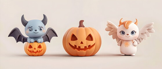 A vector set of 3 Halloween characters in 3d clay design, including a Devil, Jack-o'-lantern with the silly face, and an cute Angel, adorable and festive, isolated on a clean pastel color background