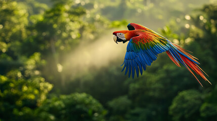 Vibrant Macaw Soaring Through Lush Rainforest