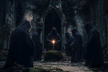 Sinister Cult Performing Arcane Rituals under the Full Moon in Abandoned Chapel Ruins