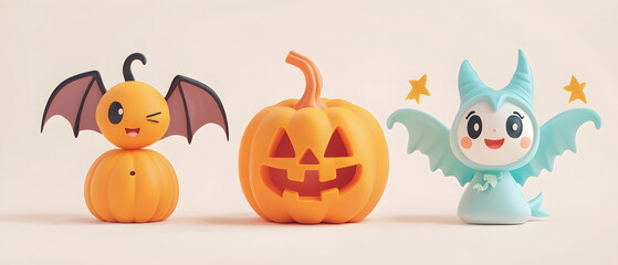 Naklejka premium A vector set of 3 Halloween characters in 3d clay design, including a Devil, Jack-o'-lantern with the silly face, and an cute Angel, adorable and festive, isolated on a clean pastel color background