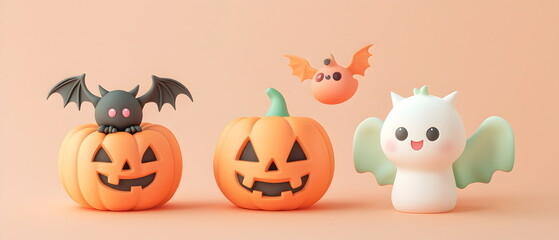 Naklejka premium A vector set of 3 Halloween characters in 3d clay design, including a Devil, Jack-o'-lantern with the silly face, and an cute Angel, adorable and festive, isolated on a clean pastel color background