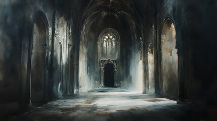 Obraz premium Haunting Gothic Cathedral Interior with Sinister Moody Chiaroscuro Atmosphere