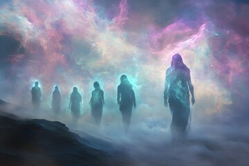 Fototapeta premium Ethereal Spectral Guardians Emerge from Mystical Nebulous Landscape